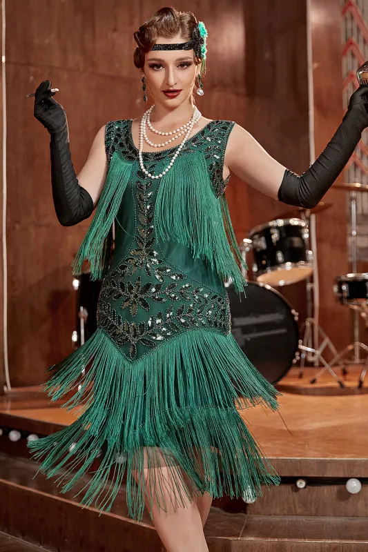 Dark Green Gatsby Party Dress with Sequins and Fringes made by Wedtrend