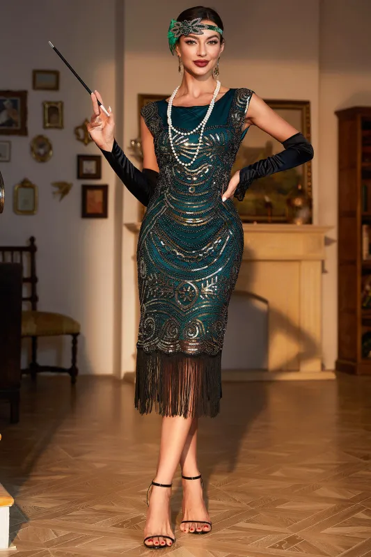 Dark Green Beaded Fringed Flapper Holiday Party Dress made by Wedtrend