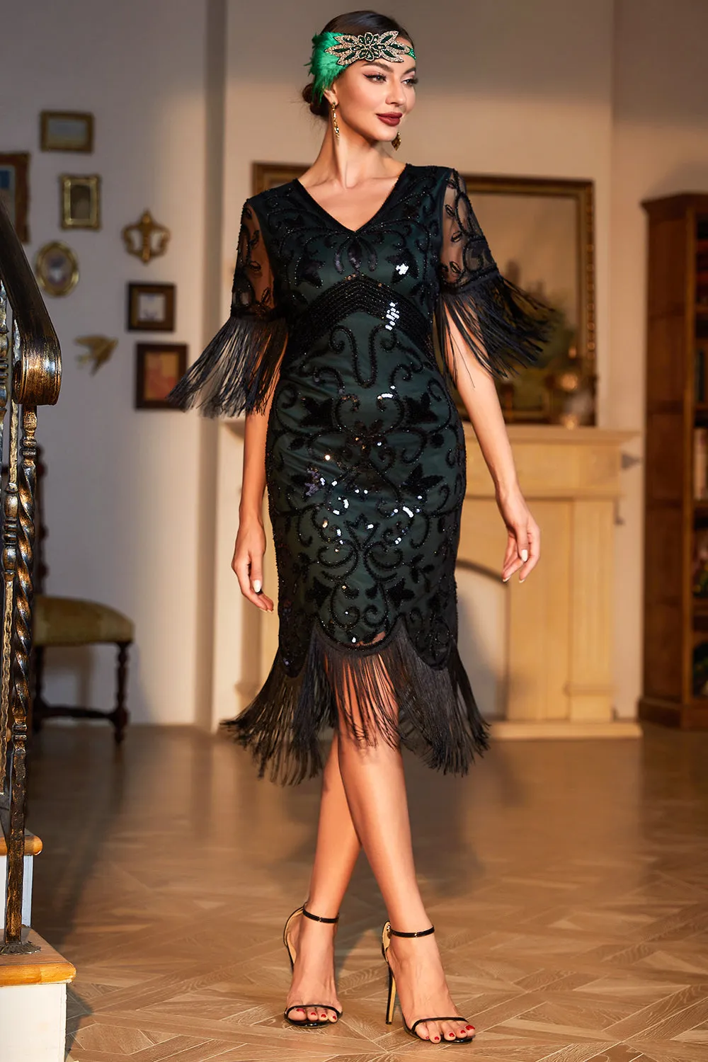 Dark Green V-neck Fringed Party Dress sold by Wedtrend product image thumbnail 3
