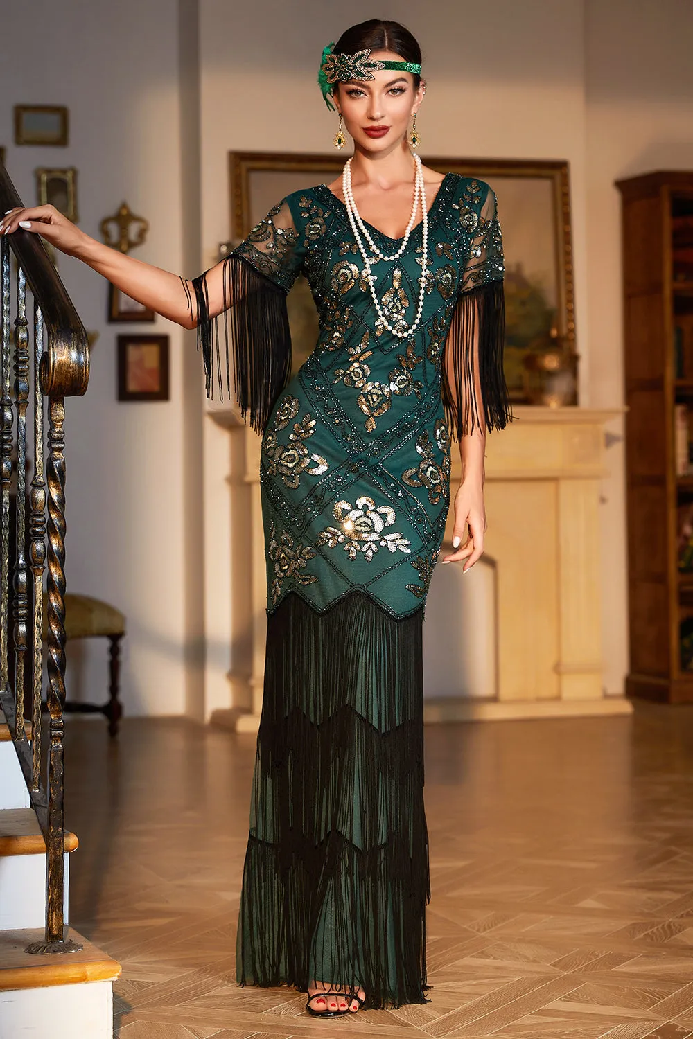 Sheath V Neck Dark Green Sequins Long Party Dress with Fringes sold by Wedtrend
