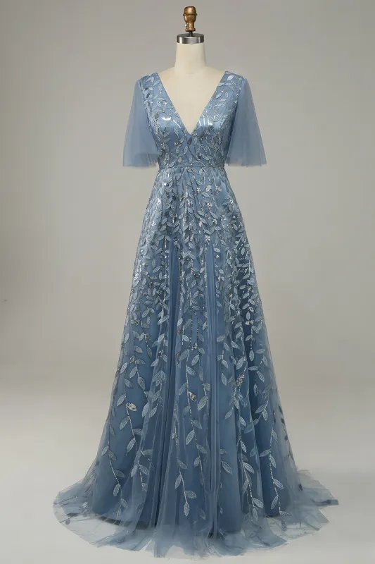 Grey Blue A Line V Neck Tulle Embroidered Leaves Prom Dress made by Wedtrend