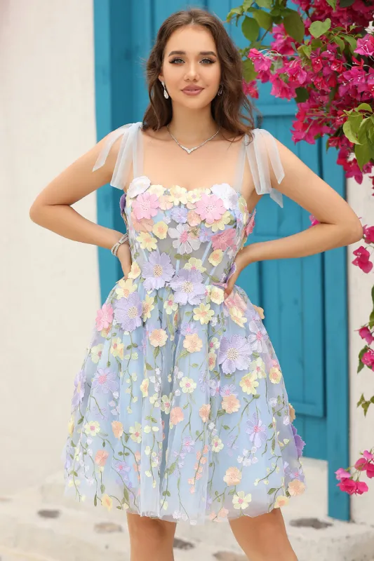 Blue A Line Spaghetti Straps Corset Homecoming Dress with 3D Flowers made by Wedtrend