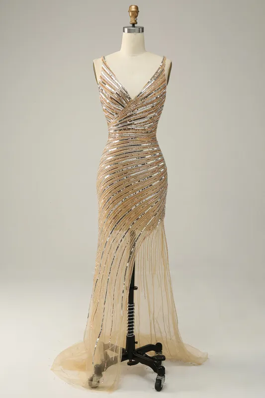 Golden Sheath V Neck Sequins Long Prom Dress with Open Back made by Wedtrend