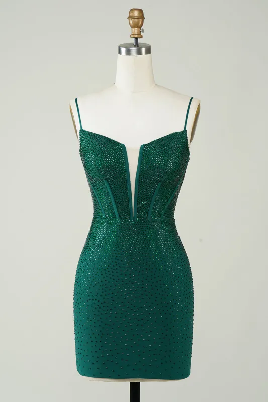 Dark Green Bodycon Spaghetti Straps Short Homecoming Dress with Beading sold by Wedtrend
