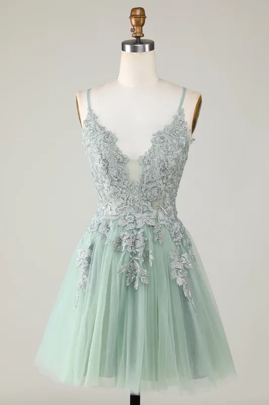 Stylish Green A Line Spaghetti Straps Short Homecoming Dress with Appliques made by Wedtrend