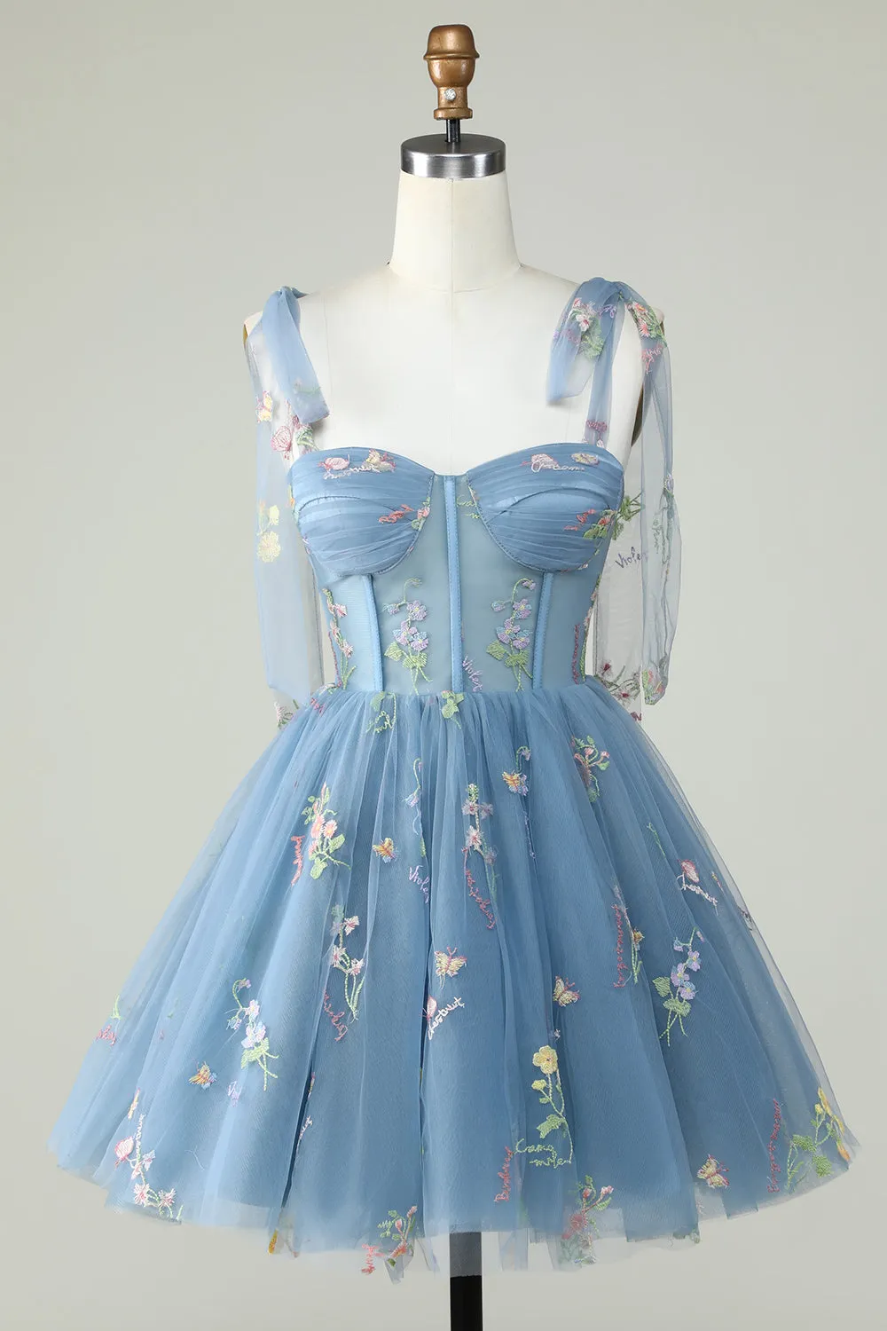 Cute Grey Blue A Line Spaghetti Straps Short Homecoming Dress with Appliques sold by Wedtrend