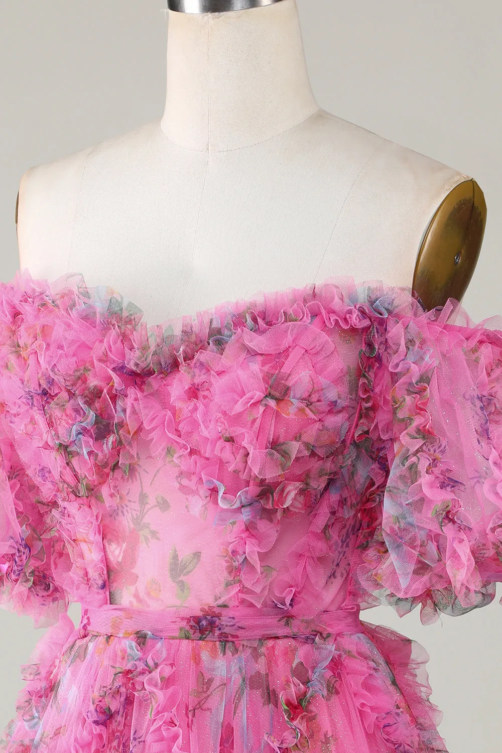 Fuchsia A Line Off the Shoulder Floral Tulle Short Homecoming Dress with Short Sleeves sold by Wedtrend product image thumbnail 5