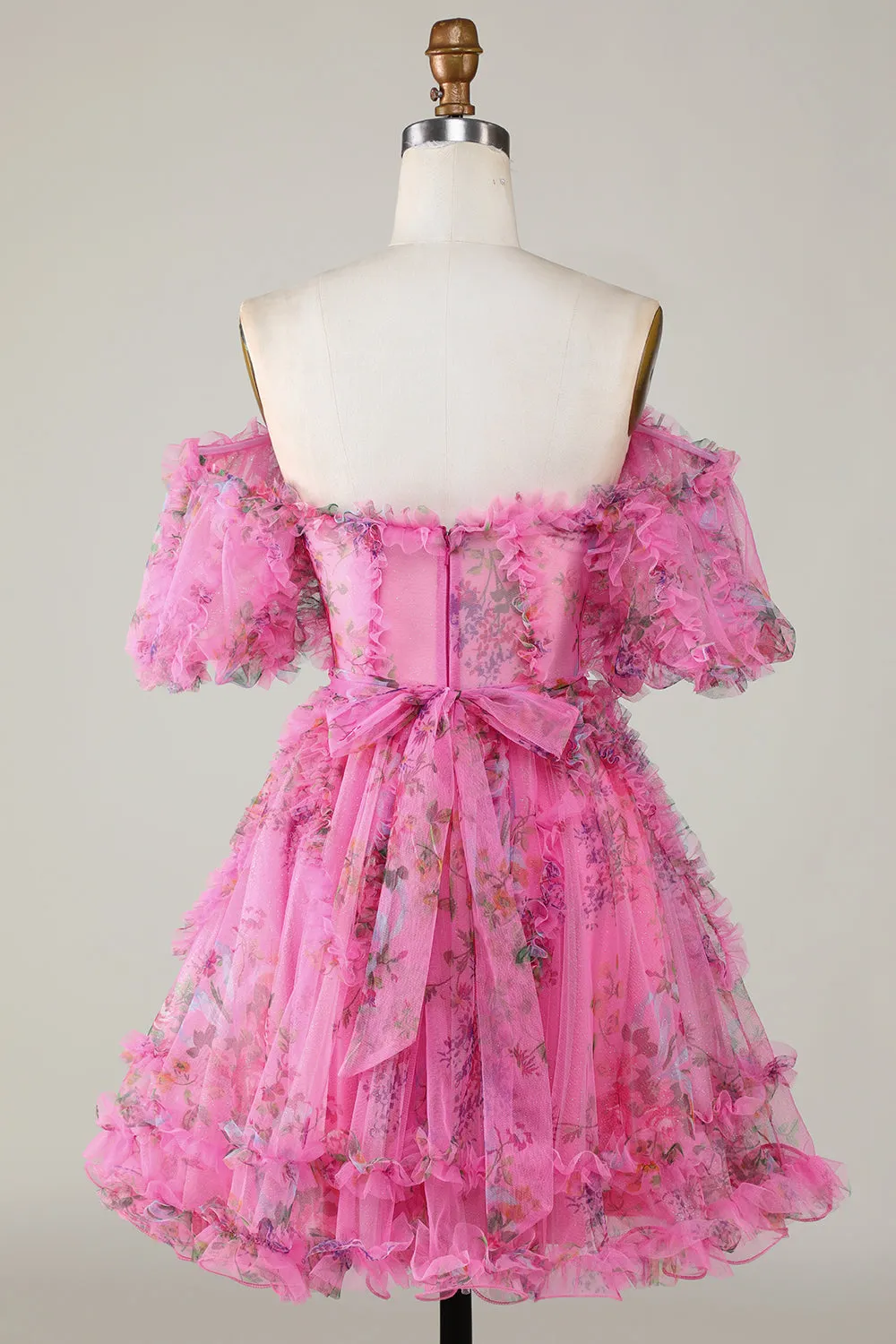 Fuchsia A Line Off the Shoulder Floral Tulle Short Homecoming Dress with Short Sleeves sold by Wedtrend product image thumbnail 2