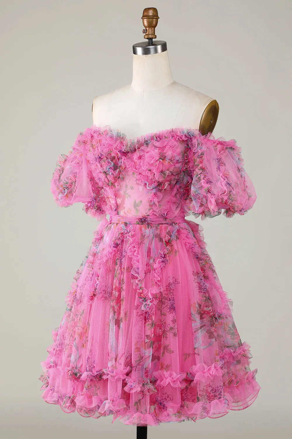 Fuchsia A Line Off the Shoulder Floral Tulle Short Homecoming Dress with Short Sleeves sold by Wedtrend product image thumbnail 3