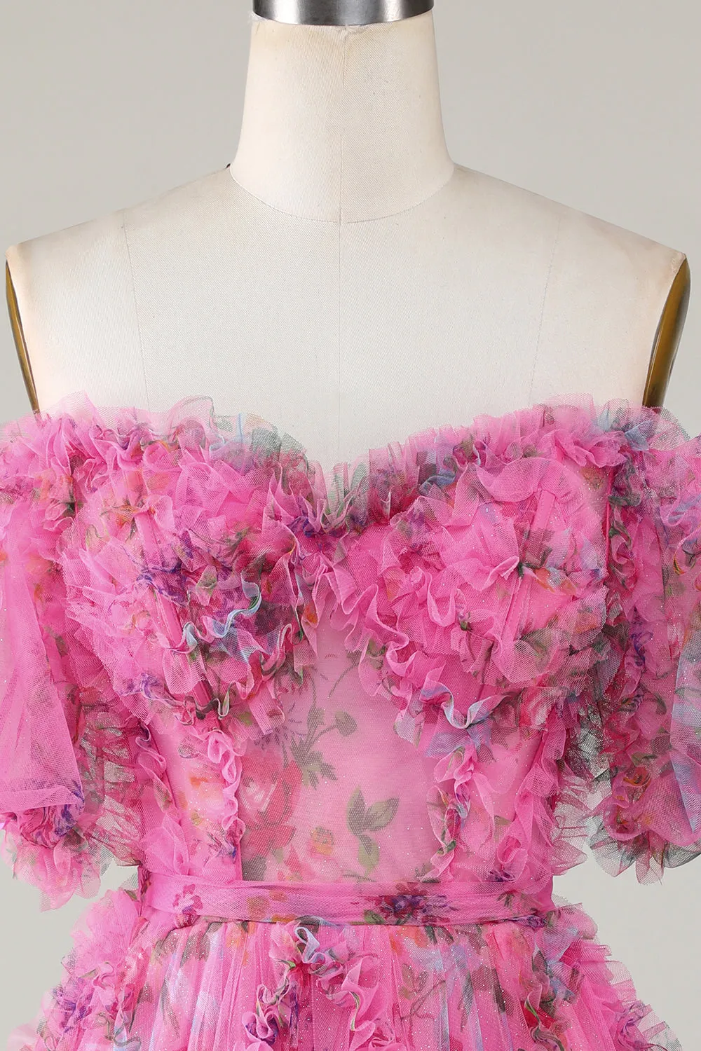 Fuchsia A Line Off the Shoulder Floral Tulle Short Homecoming Dress with Short Sleeves sold by Wedtrend product image thumbnail 4