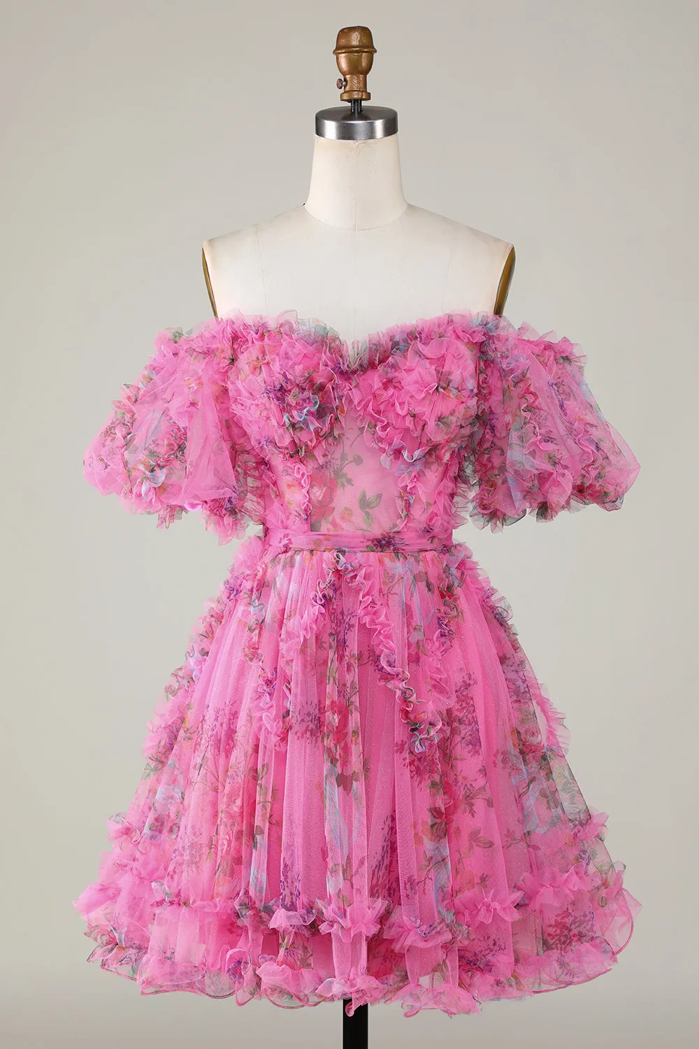 Fuchsia A Line Off the Shoulder Floral Tulle Short Homecoming Dress with Short Sleeves sold by Wedtrend