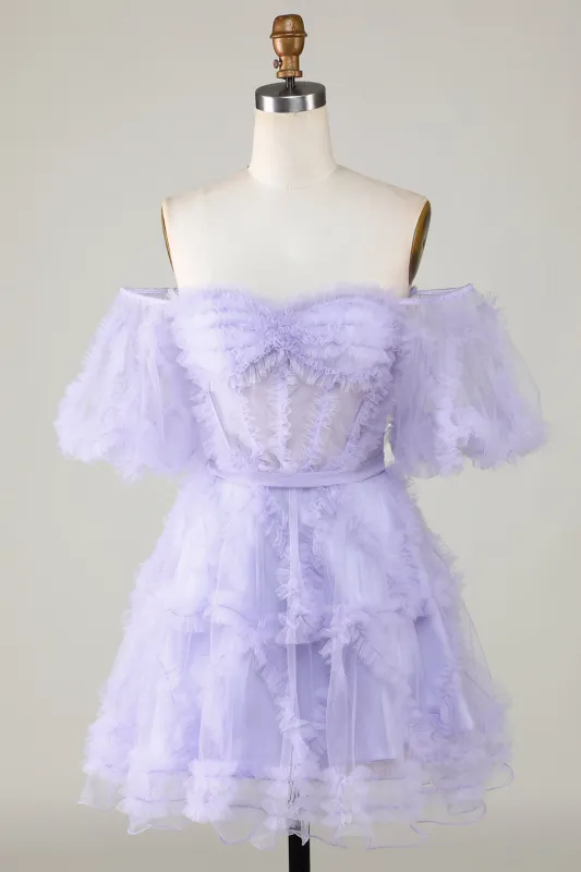 Purple Stylish A Line Off the Shoulder Tulle Corset Homecoming Dress made by Wedtrend