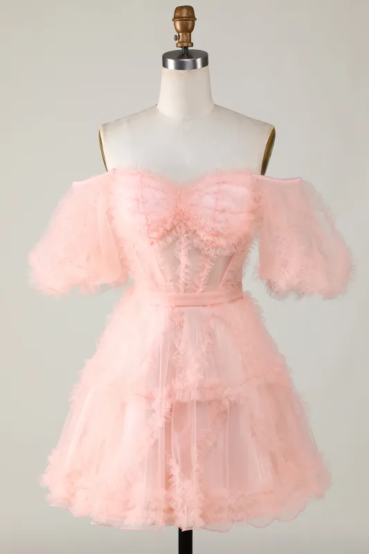 Cute Blush A line Tulle Off The Shoulder Short Homecoming Dress sold by Wedtrend