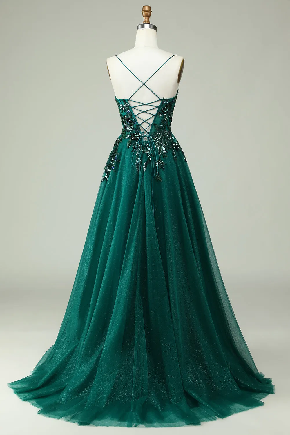 Dark Green A Line Spaghetti Straps Corset Prom Dress with Appliques sold by Wedtrend product image thumbnail 2