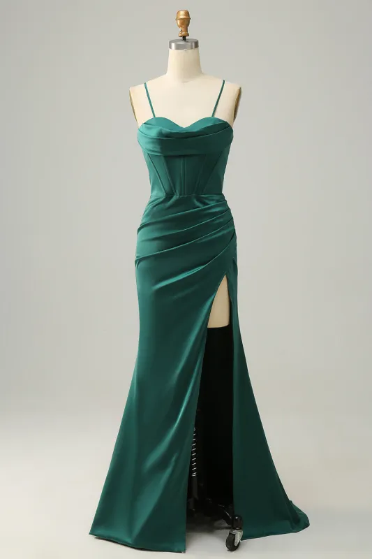 Dark Green Mermaid Spaghetti Straps Floor-Length Prom Dress with Slit sold by Wedtrend