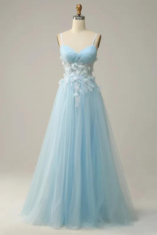 Sky Blue A Line Spaghetti Straps Prom Dress with Appliques made by Wedtrend