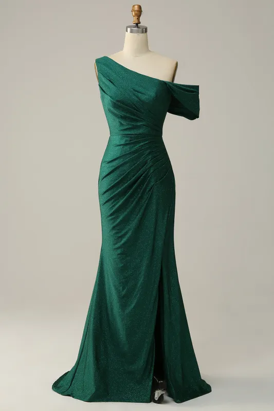 Dark Green Mermaid One Shoulder Long Prom Dress with Slit made by Wedtrend