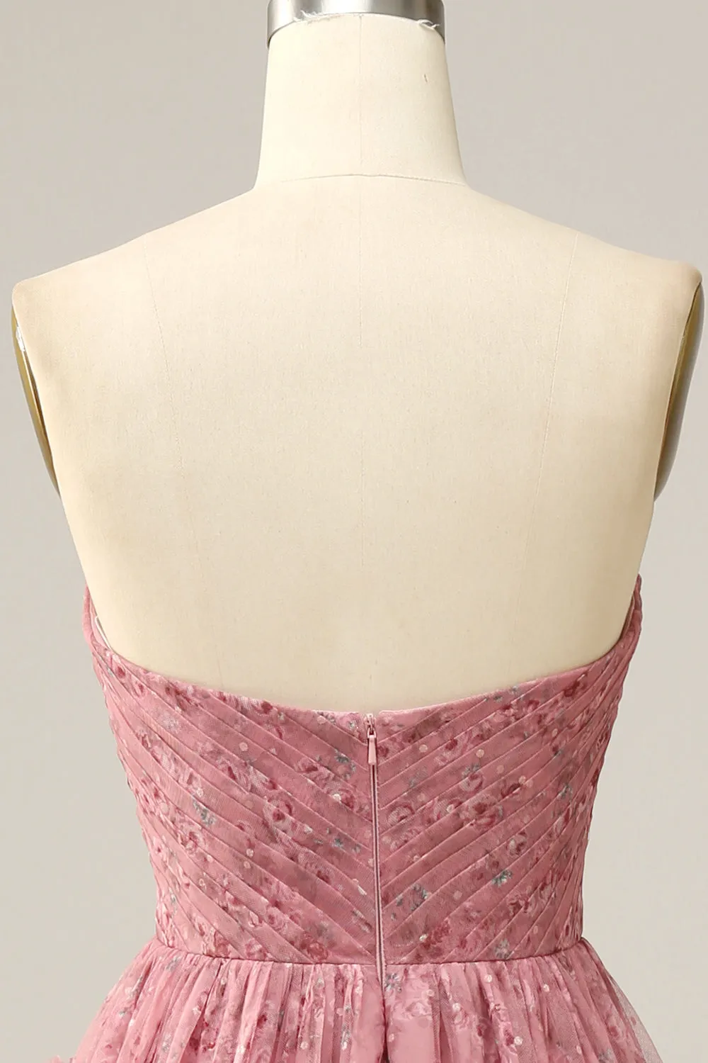 Dusty Rose A-Line Strapless Tiered Floor Length Tulle Prom Dress with Slit sold by Wedtrend product image thumbnail 5