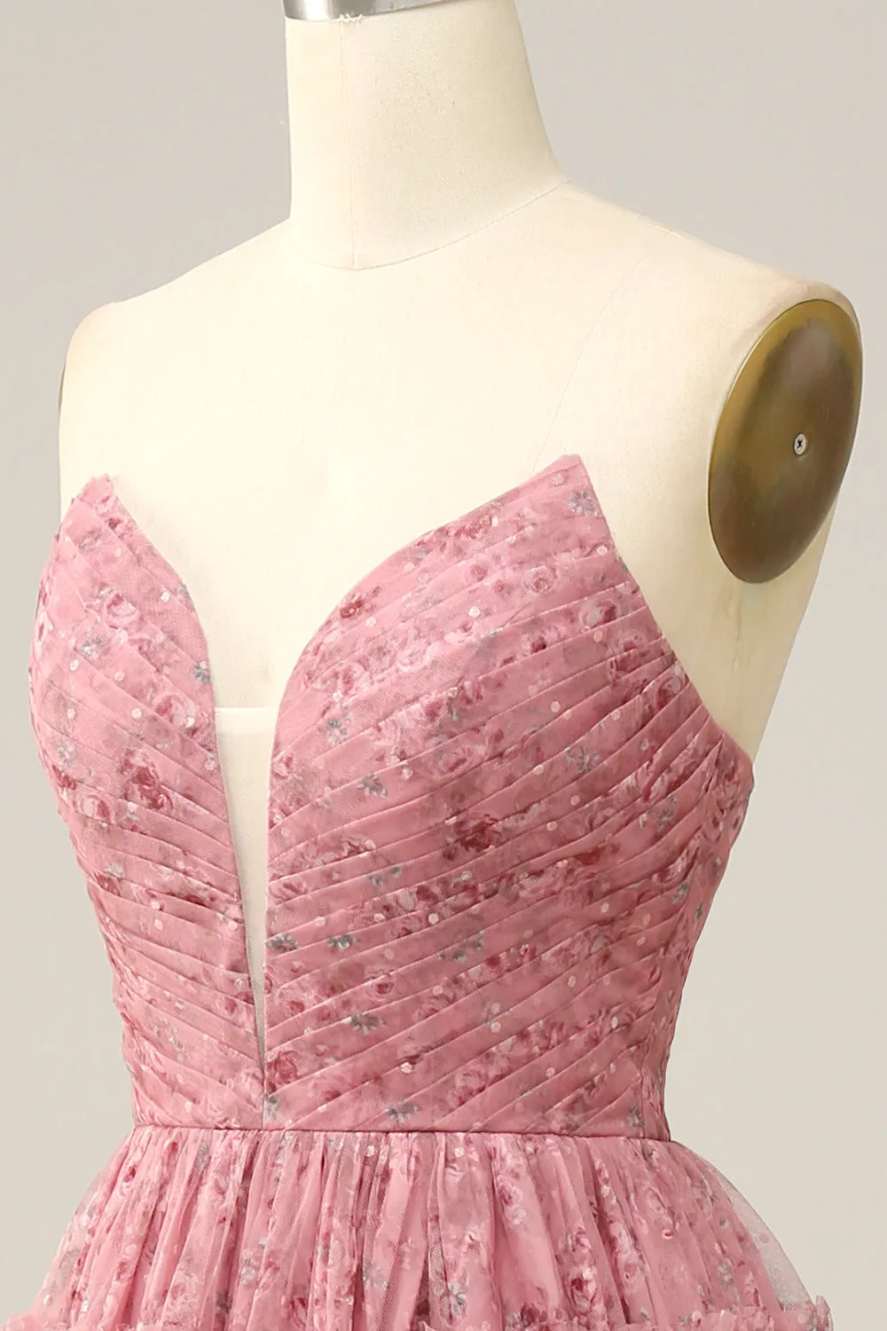 Dusty Rose A-Line Strapless Tiered Floor Length Tulle Prom Dress with Slit sold by Wedtrend product image thumbnail 4