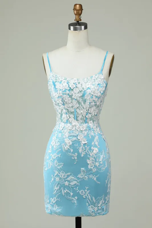 Light Blue Sheath Spaghetti Straps Short Homecoming Dress with Appliques made by Wedtrend