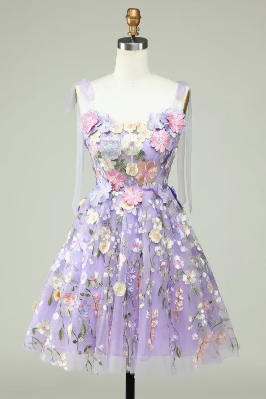 Purple A Line Spaghetti Straps Corset Homecoming Dress with 3D Flowers made by Wedtrend