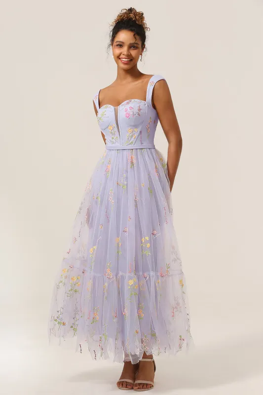 A Line Sweetheart Lilac Tea Length Prom Dress with Embroidery sold by Wedtrend