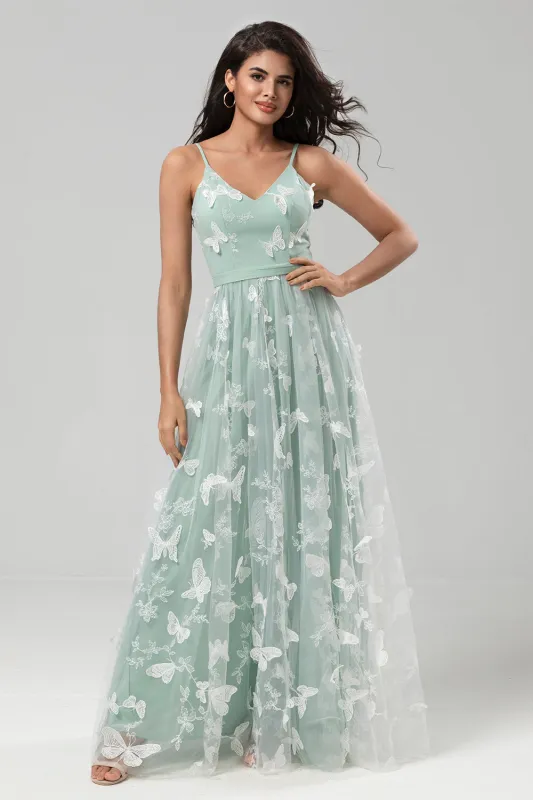 A Line Spaghetti Straps Matcha Long Bridesmaid Dress with 3D Butterfly Embroidery sold by Wedtrend