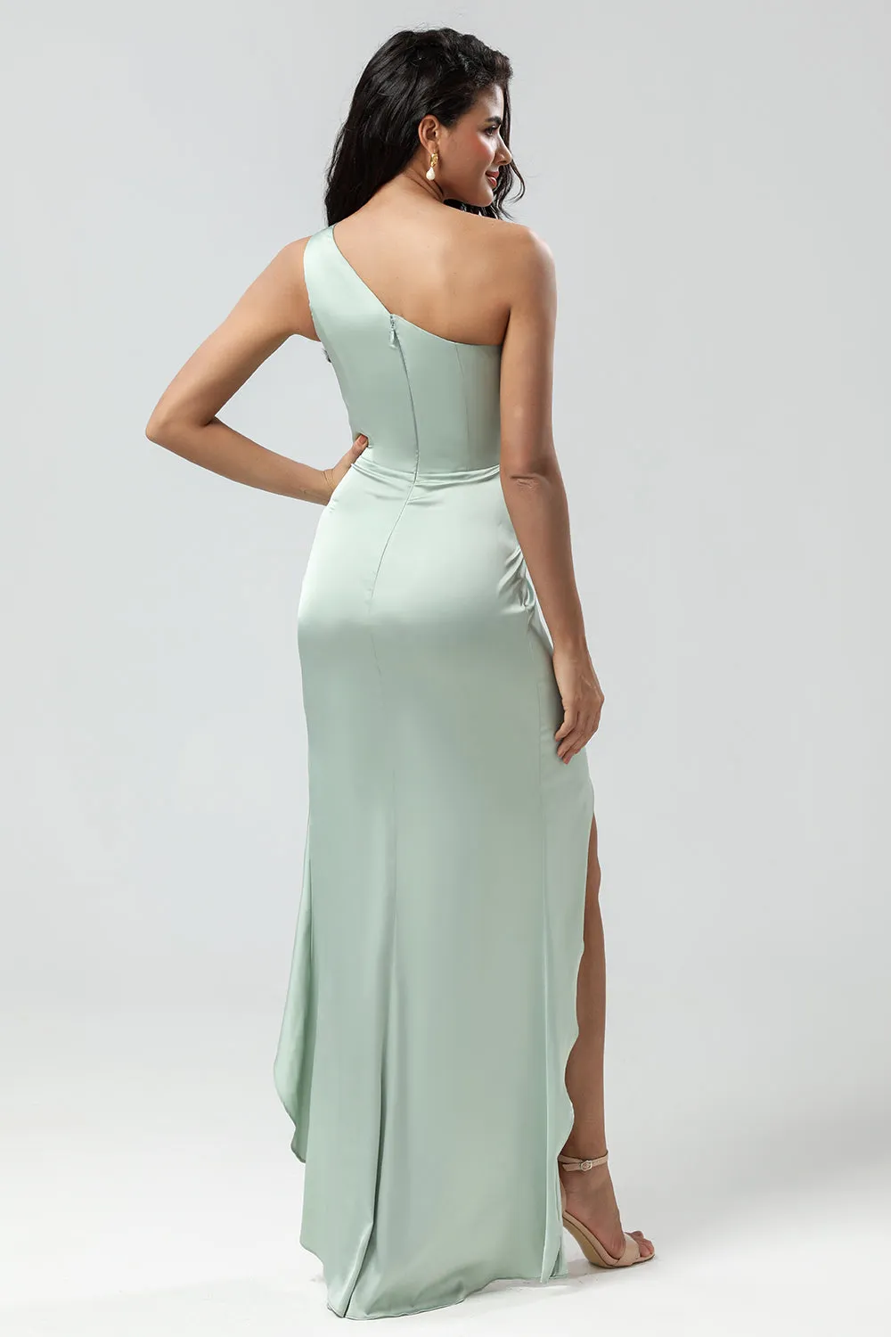 Mermaid One Shoulder Pleated Matcha Bridesmaid Dress with Ruffles sold by Wedtrend product image thumbnail 2