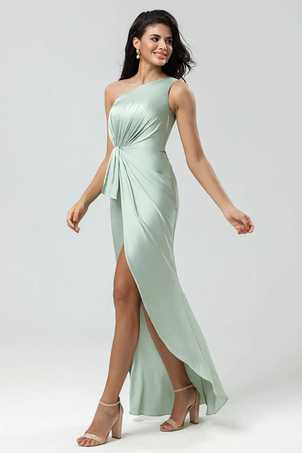 Mermaid One Shoulder Pleated Matcha Bridesmaid Dress with Ruffles sold by Wedtrend product image thumbnail 4