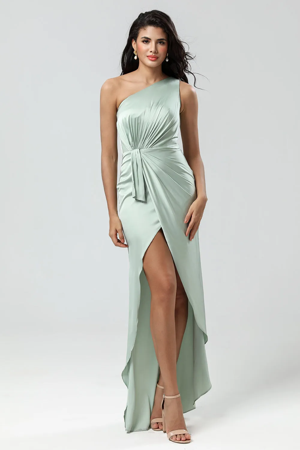 Mermaid One Shoulder Pleated Matcha Bridesmaid Dress with Ruffles sold by Wedtrend product image thumbnail 3