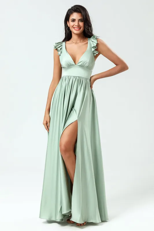 Backless Deep V-Neck A Line Green Split Bridesmaid Dress with Ruffles sold by Wedtrend