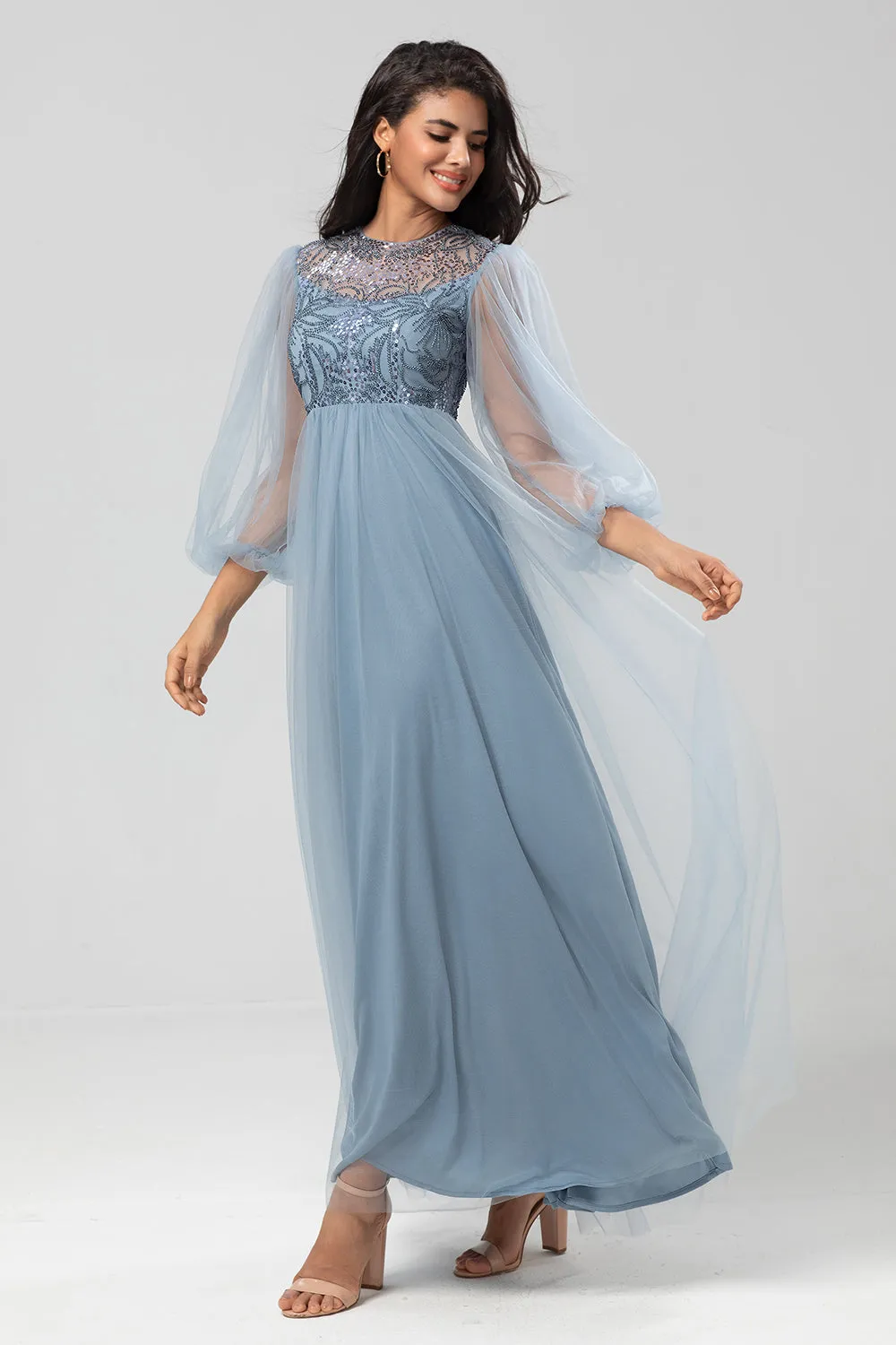 A-Line Tulle Beaded Dusty Blue Bridesmaid Dress With Long Sleeves sold by Wedtrend product image thumbnail 4