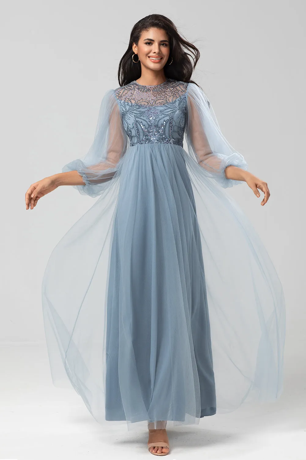 A-Line Tulle Beaded Dusty Blue Bridesmaid Dress With Long Sleeves sold by Wedtrend product image thumbnail 3