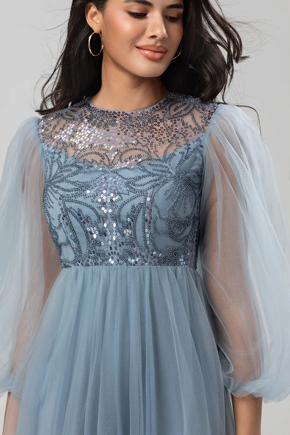 A-Line Tulle Beaded Dusty Blue Bridesmaid Dress With Long Sleeves sold by Wedtrend product image thumbnail 5