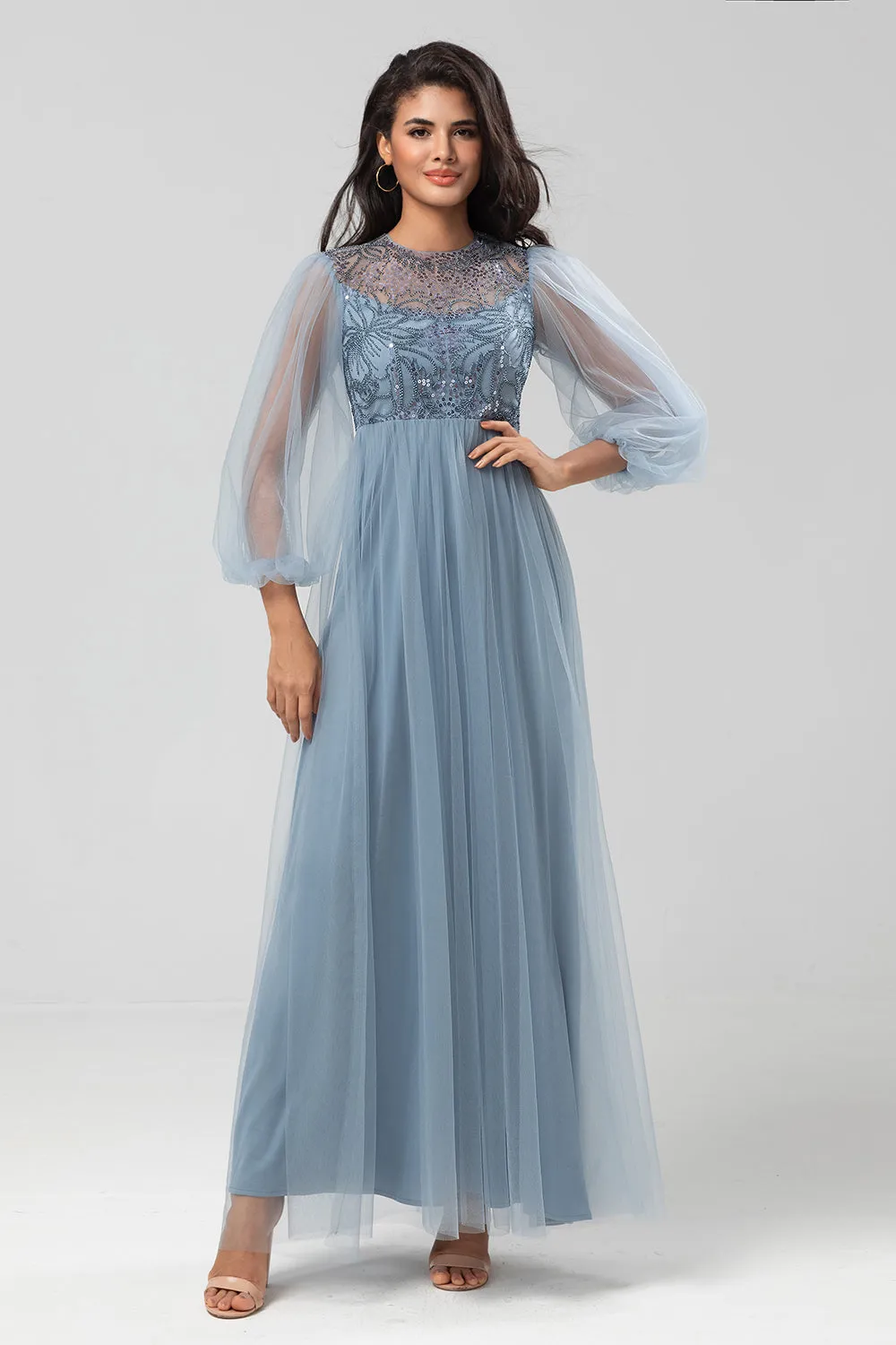 A-Line Tulle Beaded Dusty Blue Bridesmaid Dress With Long Sleeves sold by Wedtrend