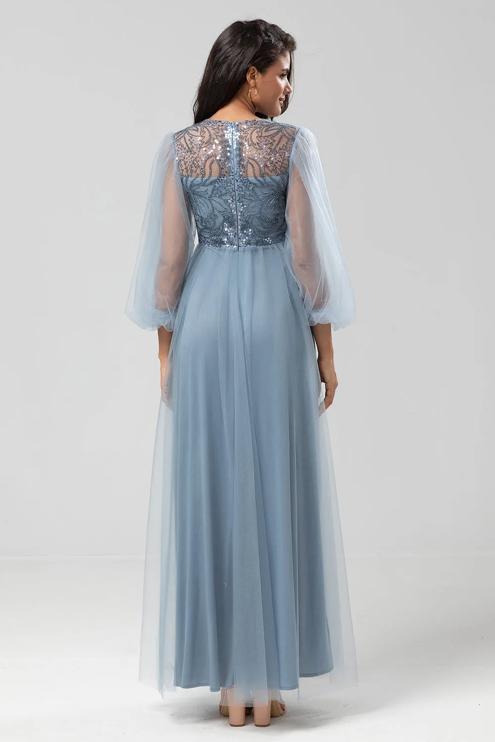 A-Line Tulle Beaded Dusty Blue Bridesmaid Dress With Long Sleeves sold by Wedtrend product image thumbnail 2