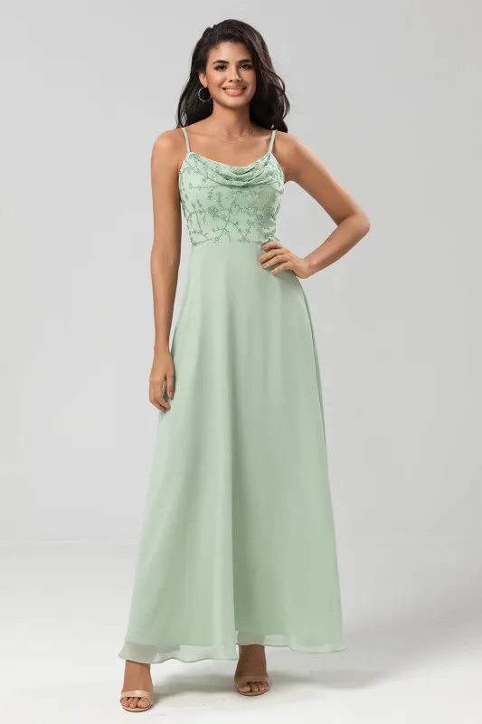 Dusty Sage A-Line Spaghetti Straps Embroidered Chiffon Bridesmaid Dress sold by Wedtrend