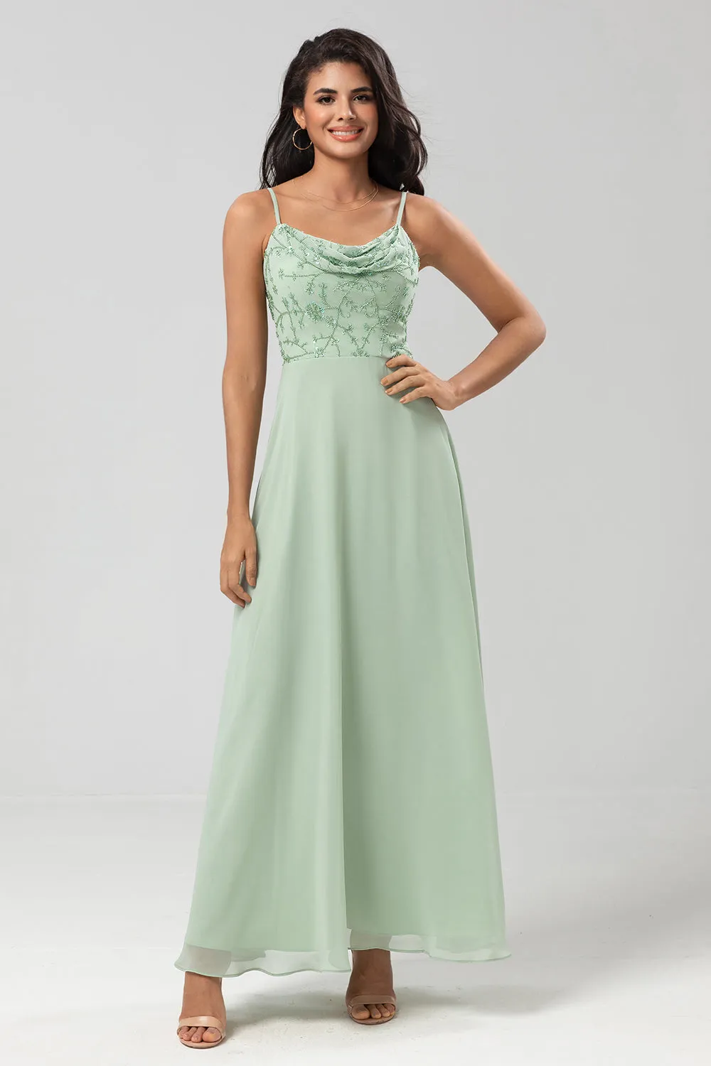 Dusty Sage A-Line Spaghetti Straps Embroidered Chiffon Bridesmaid Dress sold by Wedtrend