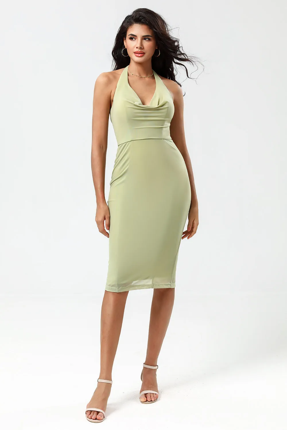 Dusty Sage Bodycon Halter Tea Length Cocktail Dress With Slit sold by Wedtrend product image thumbnail 4