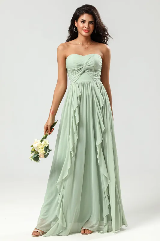 Dusty Sage A Line Sweetheart Long Knitted Chiffon Bridesmaid Dress With Ruffles sold by Wedtrend