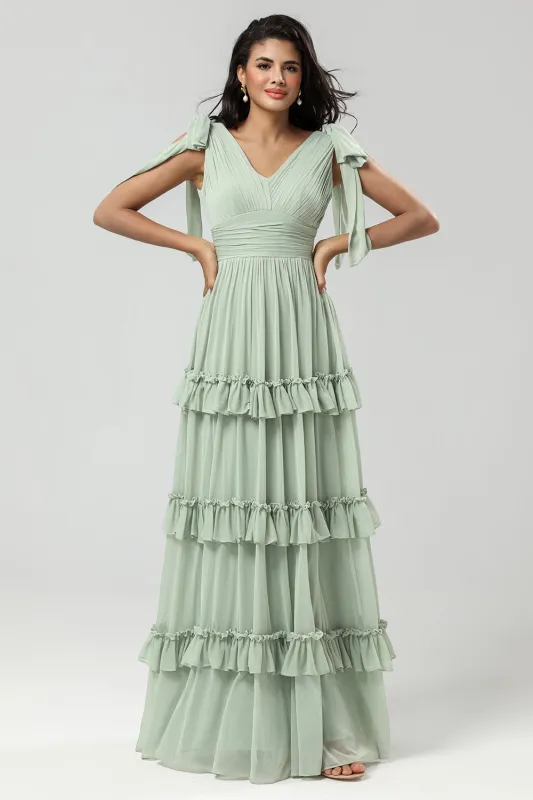 Dusty Sage A Line V-Neck Long Knitted Chiffon Bridesmaid Dress With Ruffles sold by Wedtrend