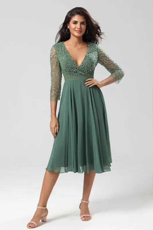 A Line Eucalyptus V-Neck Beaded Long Sleeves Bridesmaid Dress sold by Wedtrend