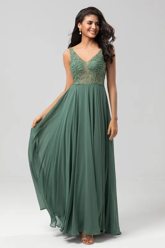 A-Line Beaded Eucalyptus Long Bridesmaid Dress sold by Wedtrend