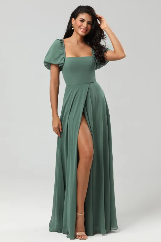 Eucalyptus A Line Square Neck Chiffon Puff Sleeves Bridesmaid Dress With Slit made by Wedtrend