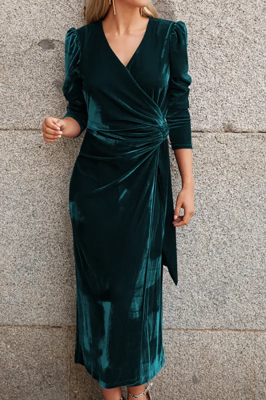 Elegant Dark Green V Neck Velvet Evening Gown Dress With Long Sleeves sold by Wedtrend