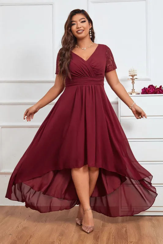 Burgundy A Line V Neck Asymmetrical Plus Size Evening Dress sold by Wedtrend