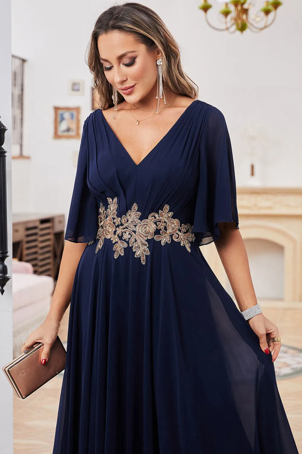 Navy A Line V Neck Floor Length Chiffon Evening Dress For Mom sold by Wedtrend product image thumbnail 5