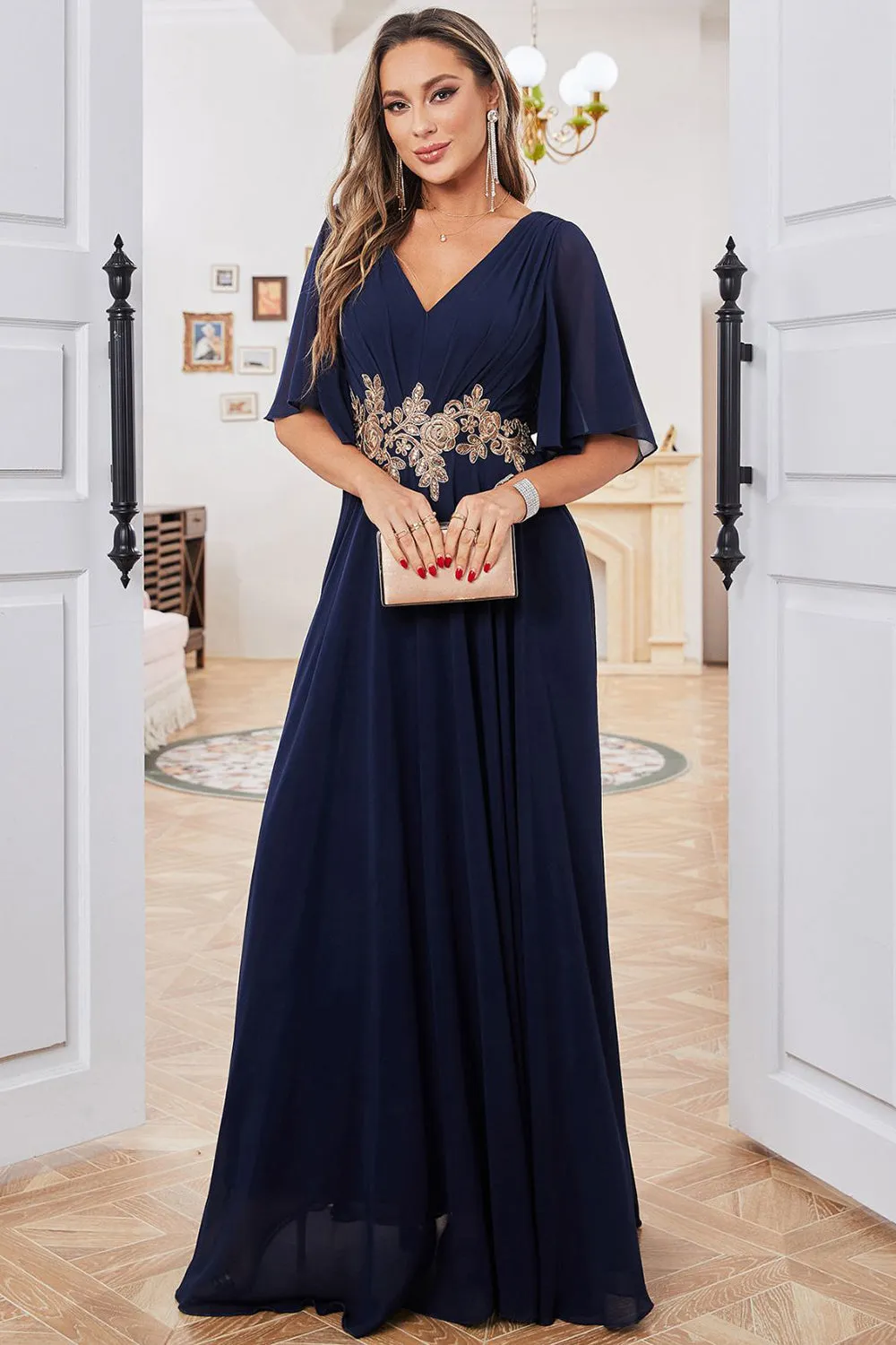 Navy A Line V Neck Floor Length Chiffon Evening Dress For Mom sold by Wedtrend product image thumbnail 2