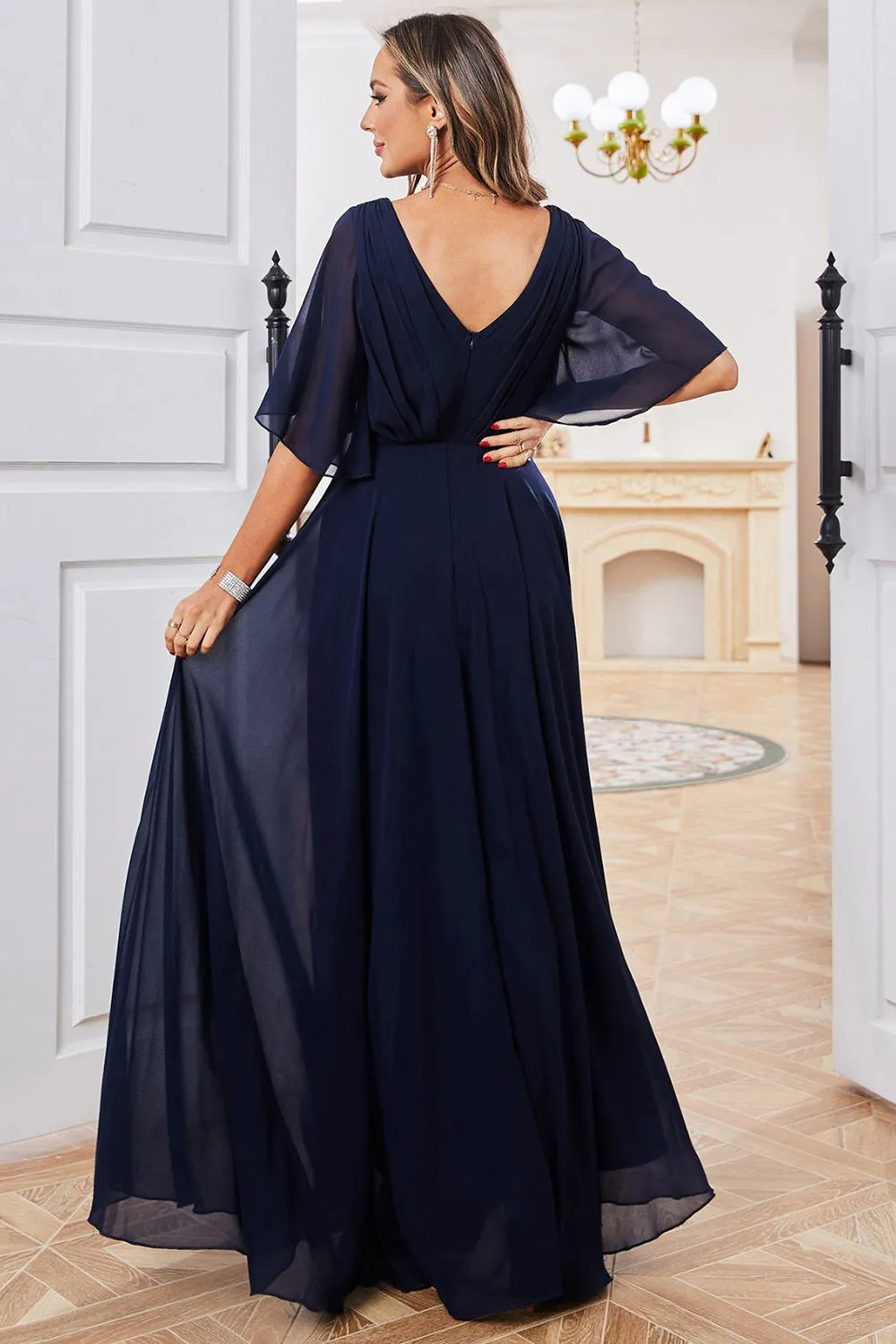 Navy A Line V Neck Floor Length Chiffon Evening Dress For Mom sold by Wedtrend product image thumbnail 3