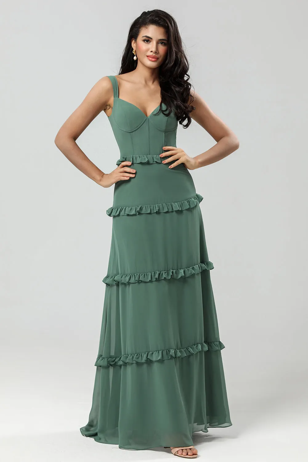 Elegant Eucalyptus A Line Spaghetti Straps Chiffon Long Bridesmaid Dress sold by Wedtrend